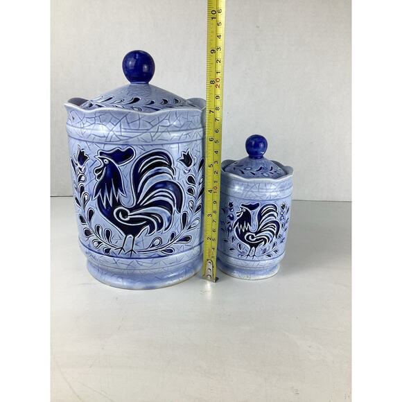 Vintage Lefton Blue Rooster Set Of Ceramic Kitchen Canisters Country Decor - Picture 8 of 8